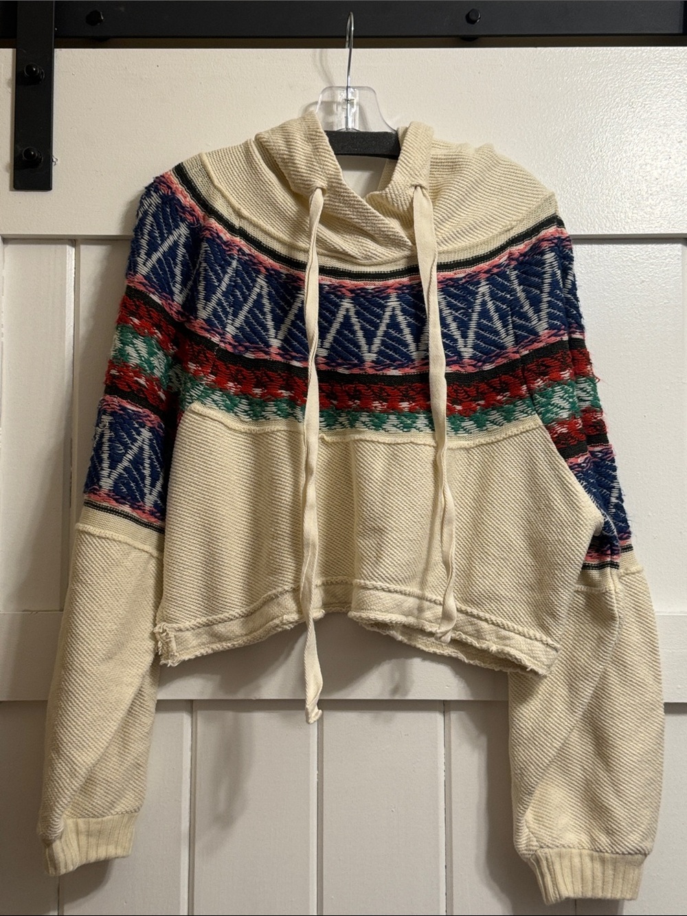 Free People Cream Cropped Hooded Sweater with Multicolor Fair Isle Yoke